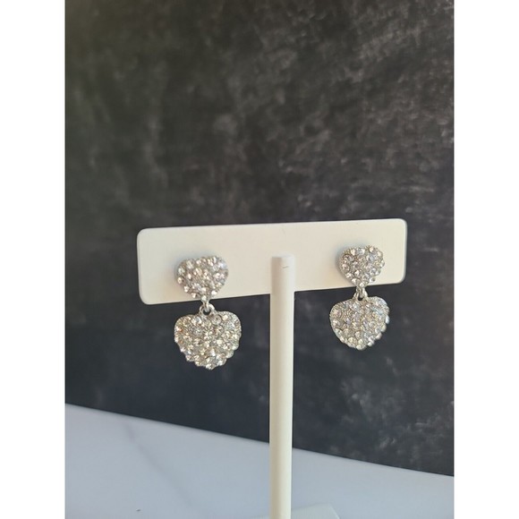 Vintage Rhinestone Heart Shaped Dangling Pierced Earrings - Picture 4 of 10